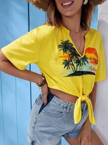 SHEIN Maternity Short Loose T-Shirt With Young & Tropical Print, Perfect For Island Vacation