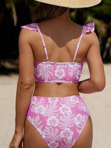 SHEIN Swim Women's Summer Beach Tropical Plant Print Patchwork Ruffle Hem Sexy Bikini Set, Random Print - Multicolor - View 2