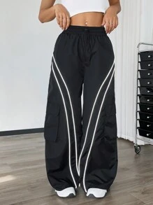 Muchica Băng phản quang Khối màu Quần áo bảo hộ lao động thông thường Quần ống rộng - màu đen - Xem 7