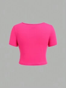 SHEIN Girlism Tween Girl 3pcs Knitted Solid Color Square Neck Casual Short Sleeve T-Shirt Set - Hot Pink - View 9