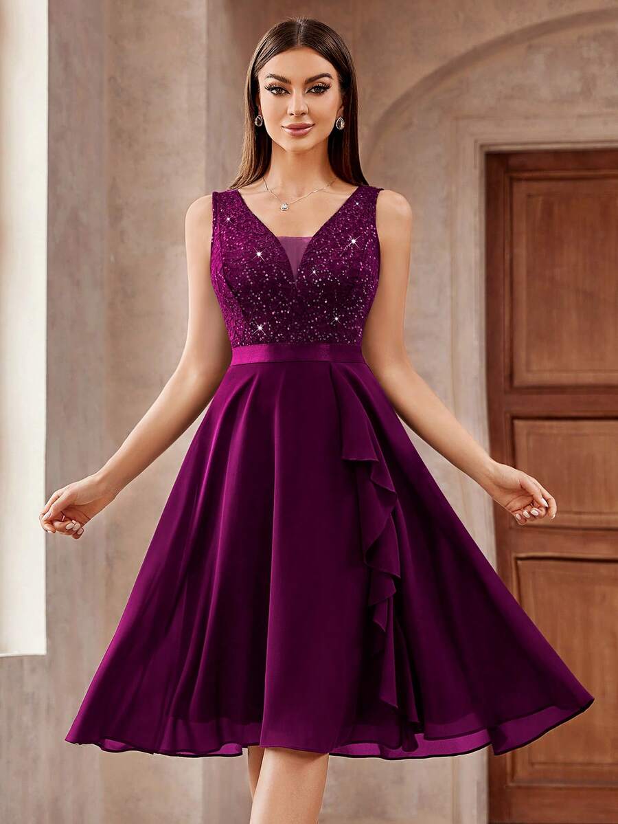 MIUSOL Deep V-Neck Sequin Lace Ruffle Trim Chiffon Prom Party Swing Dress