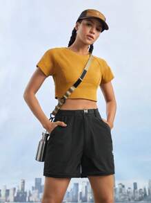 In My Nature 女士編織帶印字休閒戶外長褲，附有口袋 - 黑色 - 查看 11