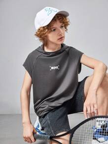 SHEIN Parte superior de punto de unicolor con capucha y patrón de letras para niño preadolescente - Caqui - Ver 5