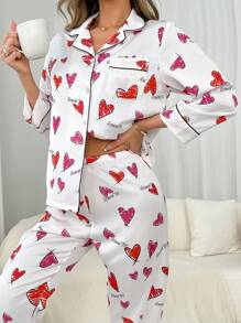 Women's Fashionable Heart Printed Long Sleeve Shirt And Long Pants Pajama Set - Baby Pink - View 5