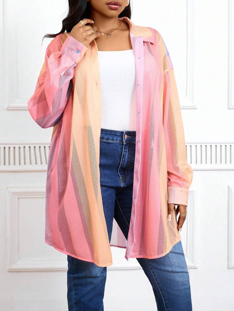 Plus Size Summer Pride Festival Gradient Stripe See-Through Shirt