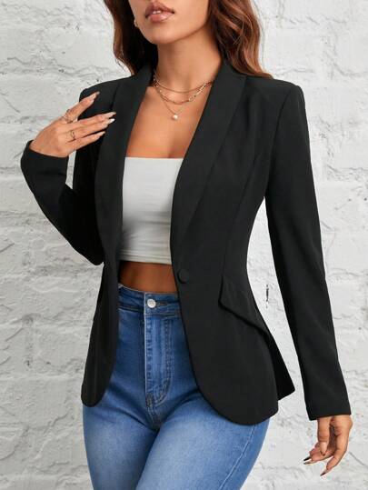 SHEIN PETITE Summer Wear Suitable For Commuting. Shawl Collar Single-Button Black Suit Jacket, Bussines Casual Elegant Women,Petite Teachers' Day Office Business