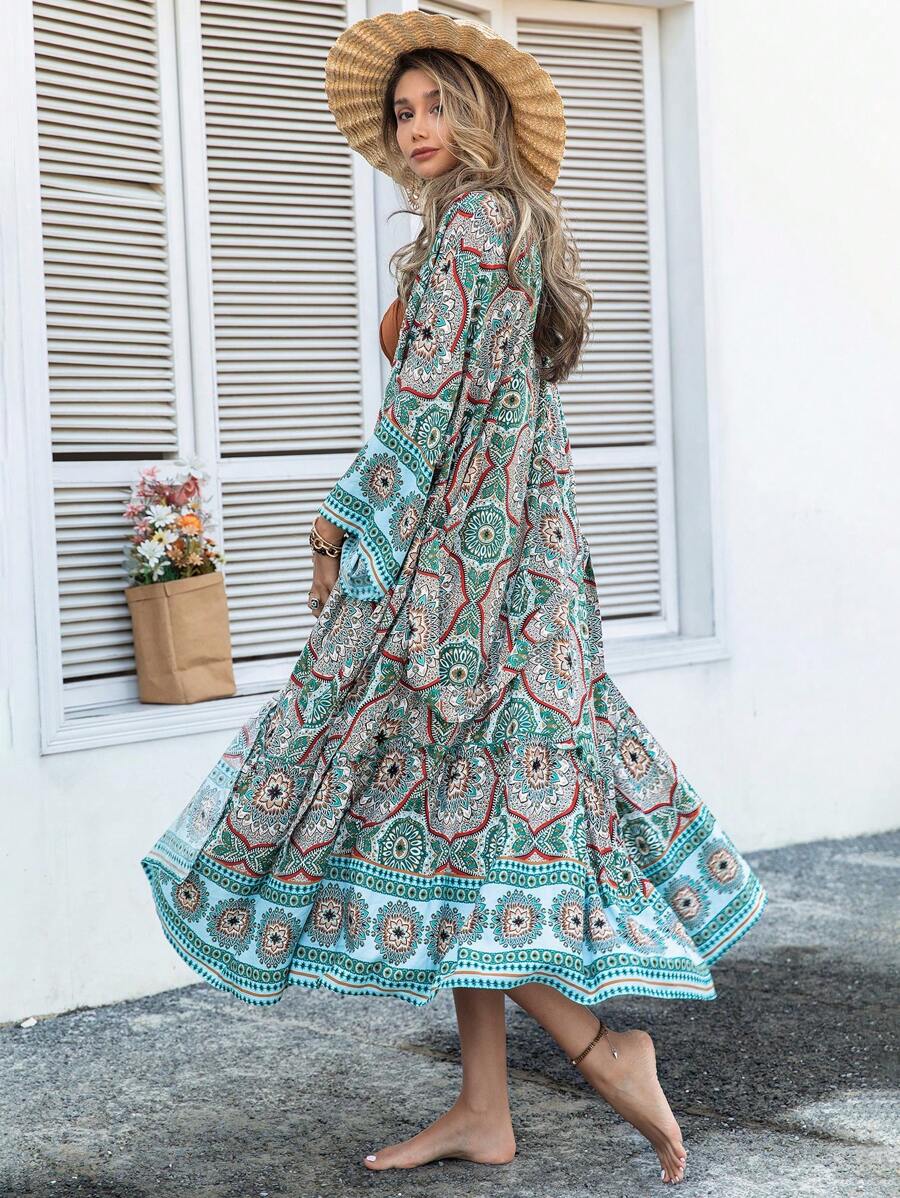 Rusttydustty Plus Size Mandala Print Batwing Sleeve Belted Kimono Summer - Multicolor - View 1