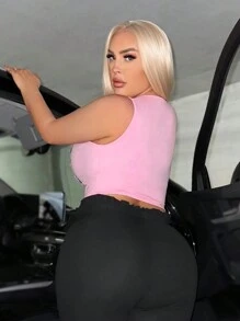 SHEIN SXY Plus Size Women's Pink MEME Printed Tank Top With Rhinestones Embellishment