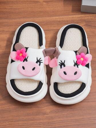 秋冬季可爱亚麻奶牛拖鞋，女士/情侣款，防滑厚底室内拖鞋，趣味拖鞋