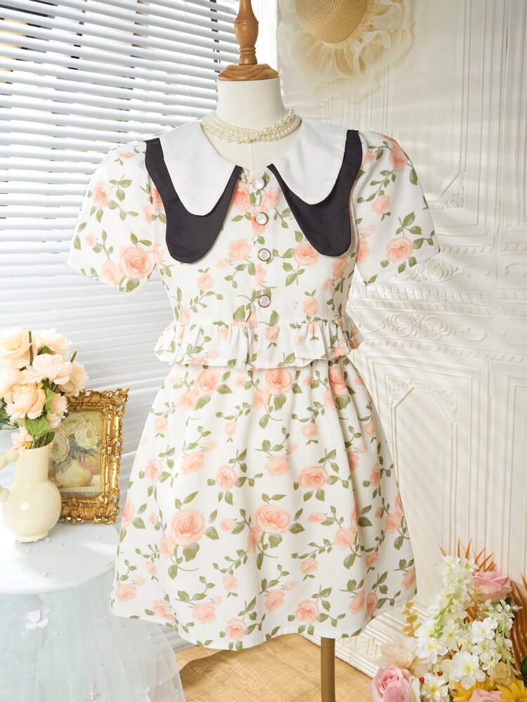 2pcs Ditsy Floral Textured Shirt With Layered Peter Pan Collar And Skirt Set, Suitable For Tween Girls' Photoshoots And Parties