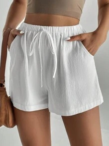 SHEIN Tall Shorts solidos de Florida con nudo delantero - Blanco - Ver 6