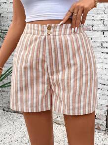 SHEIN LUNE Casual Women's Striped Button Pocket Shorts - Multicolor - View 3