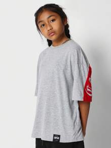 SUMWON Tween Girls Oversized Fit Colour Blocked Tee With Back Print - Grey - View 2
