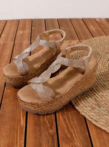 Women's Fashionable Weaved Elastic Band Slip-Resistant Holiday Style Summer Black High Heels Waterproof Platform Wedge Heels Thick Bottom Sandals For Outdoor Activities, Gold - Gold - View 5