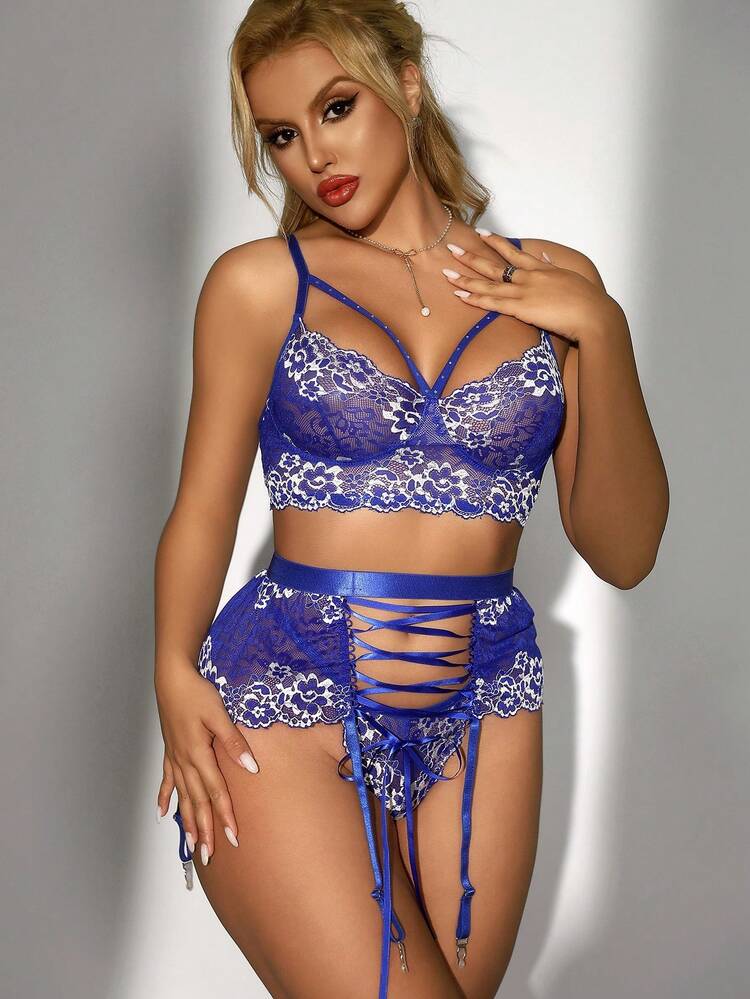 3pcs/Set Women's Sexy Lace Bralette Set Wireless, Two-Tone Lace Floral Edge Design