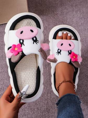 Fall/Winter Cute Linen Cow Slippers For Women, Couples, Anti-Slip Thick Bottom Indoor Slippers