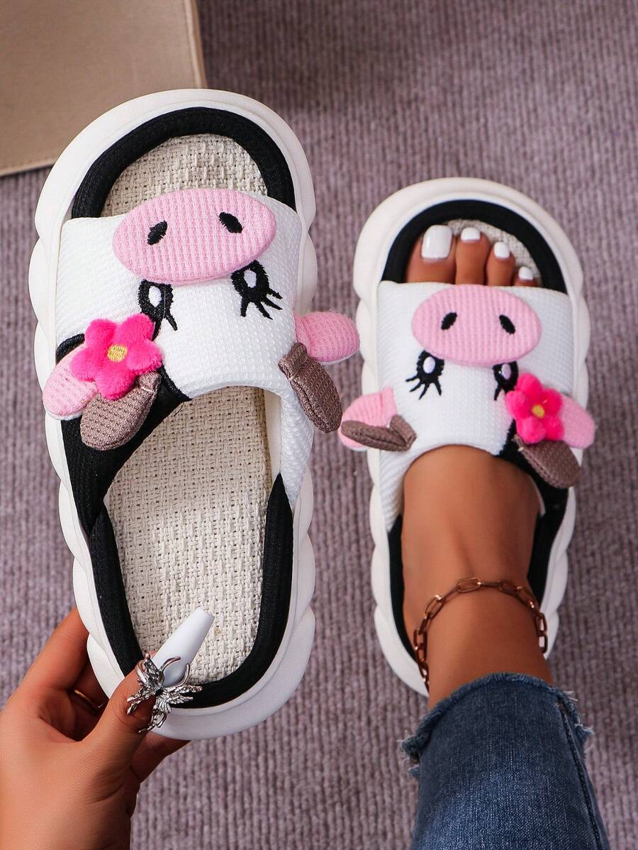 Fall/Winter Cute Linen Cow Slippers For Women, Couples, Anti-Slip Thick Bottom Indoor Slippers,Funny Slippers
