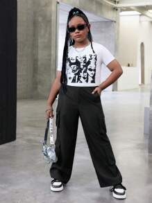 SHEIN Tween Girl Extended Size Commuting/Casual Spring/Summer Knit Short-Sleeved Top And Woven Solid Color Workwear Straight-Leg Pants - Black and White - View 1