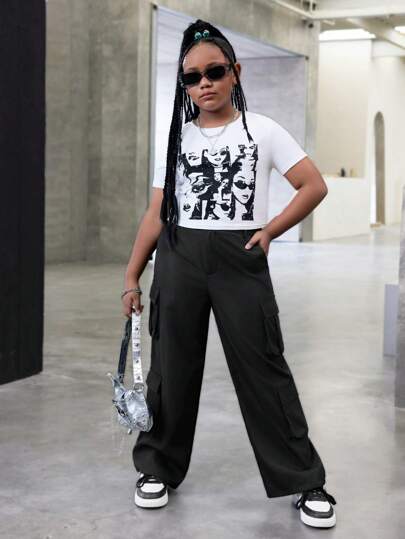 SHEIN Tween Girl Extended Size Commuting/Casual Spring/Summer Knit Short-Sleeved Top And Woven Solid Color Workwear Straight-Leg Pants