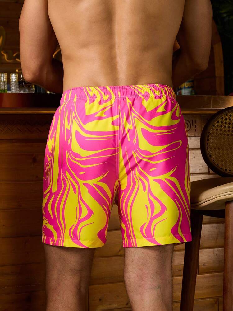 Men's Summer Marble Printed Drawstring Waist Beach Shorts