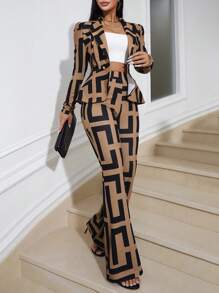 Zolique 幾何印花西裝外套和喇叭褲 - 杏色 - 查看 5