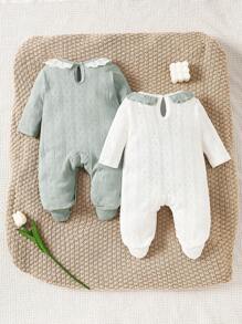 SHEIN 2 chiếc áo liền quần dài tay thêu khối màu cho bé gái, quần áo mặc ở nhà - Nhiều màu - Xem 2