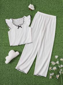 Teen Girls' Simple White Sleeveless Top And Long Pants 2pcs Pajama Set - White - View 5