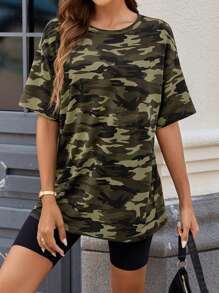 SHEIN LUNE Summer Fashion Camouflage Round Neck Oversized Basics Women's T-Shirt - Multicolor - View 3