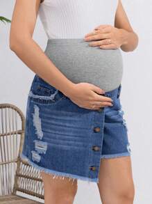SHEIN Maternity Casual Fit Denim Shorts With Skirt Layer And Distressed Details, Blue