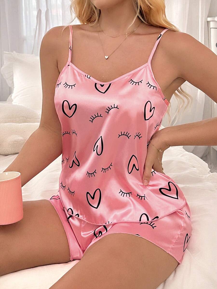 Silk-Like Heart Eyelash Printed Cami And Shorts Pajama Set - Pink - View 1