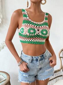 SHEIN VCAY Áo không tay dệt kim hoa móc dành cho nữ cho kỳ nghỉ - Nhiều màu - Xem 6