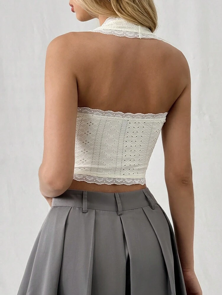 Women's Fashion Lace Trimmed Halter Neck Tank Top With Decorative Straps, Backless