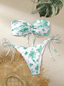 SHEIN Swim 女式夏季沙灘植物印花無肩帶性感比基尼套裝，隨機印花 - 綠色 - 查看 1