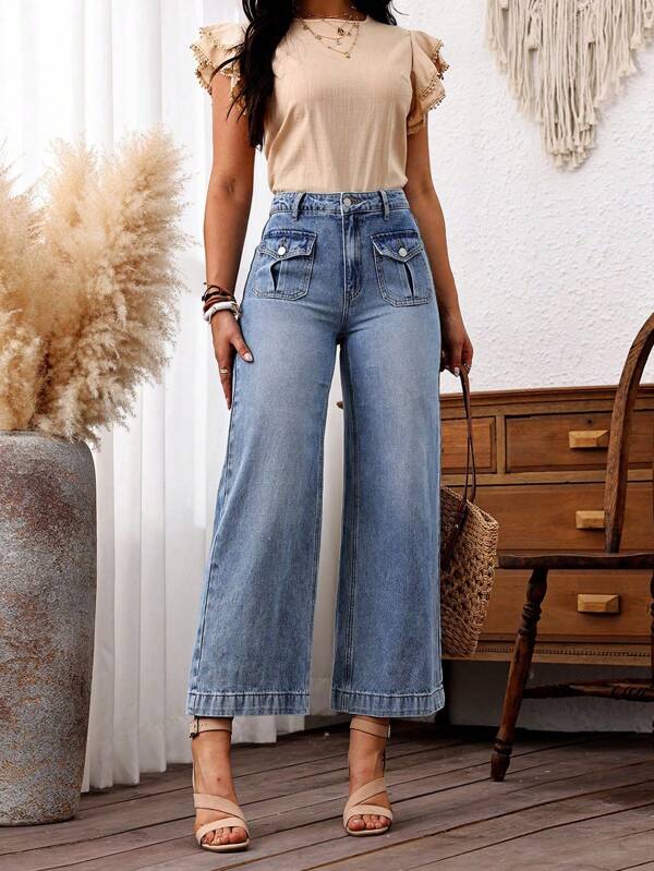 EMERY ROSE Jeans acampanados de 9/10 para mujer con bolsillos de solapa sin estiramiento