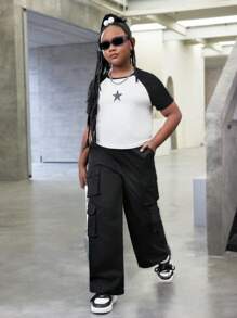 SHEIN Tween Girl Extended Size Solid Color Woven Straight Leg Casual Pants For Spring And Summer - Black - View 4