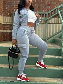 Stitching Thread Sweatshirt And Thermal Lined Utility Pants Casual Sports Two-Piece Set - Light Grey - View 1