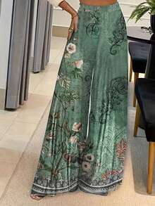 Elegant Geometric Printed Wide Leg Pants In Loose Fit, Fashionable Trousers Spring/Summer Wear - Green - View 3