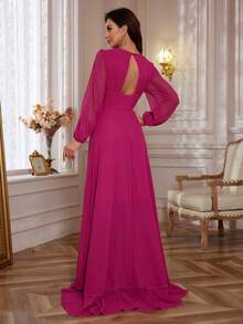 Lantern Sleeve High Low Hem Chiffon Formal Dress - Hot Pink - View 2