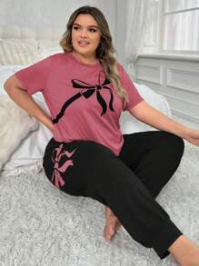 Conjunto de pijama de talla grande para mujer con camiseta de manga corta con cuello redondo y pantalones con lazos impresos, verano - Negro - Ver 7