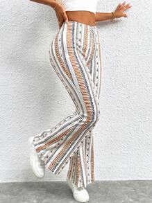 SHEIN PETITE Pantalones acampanados con estampado geométrico, pantalones bohemios de verano - Multicolor - Ver 3