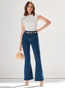 Enchnt Women's White Cute Embroidery Solid Color Round Neck Gorgeous Short Ruffle Sleeve Top For Summer - White - View 5