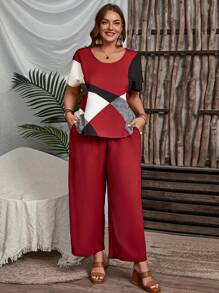 EMERY ROSE Conjunto de dos piezas para el verano de talla grande con top de mangas cortas con patrón geométrico y pantalones anchos de pierna