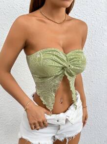 SHEIN PETITE Spring Twist Front Split Hem Tube Green Top ,Petite Women - Green - View 5