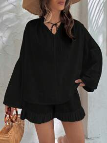 SHEIN Cottnline Women Blouses With Tassels & Shorts With Ruffles - Black - View 3