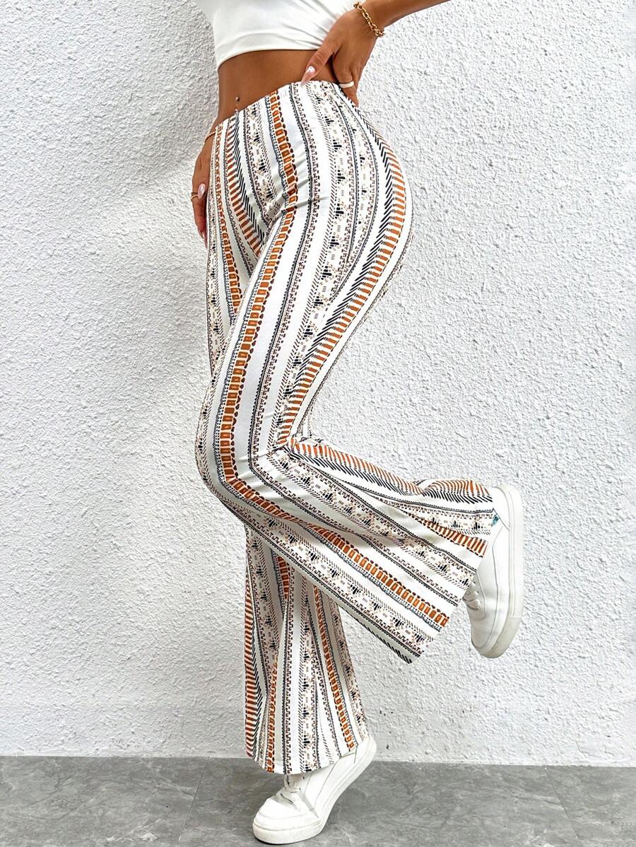 SHEIN PETITE Pantalones acampanados con estampado geométrico, pantalones bohemios de verano - Multicolor - Ver 1