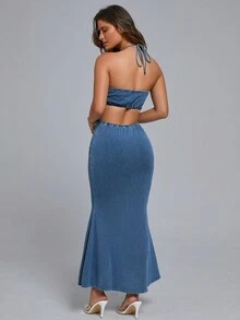 SHEIN SXY 女式牛仔修身連衣裙，夏季無袖長裙，性感中空彈力高腰牛仔連衣裙，藍色 - 中等水洗藍 - 查看 2