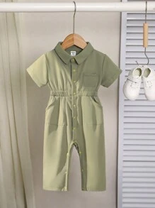 SHEIN Baby Boys' Casual And Simple Workwear Style Jumpsuit With Turn-Down Collar, Ideal For Outdoor Activities In Spring And Summer