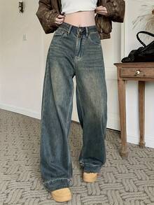 Women's Casual Wide Leg Loose Pocket Jeans