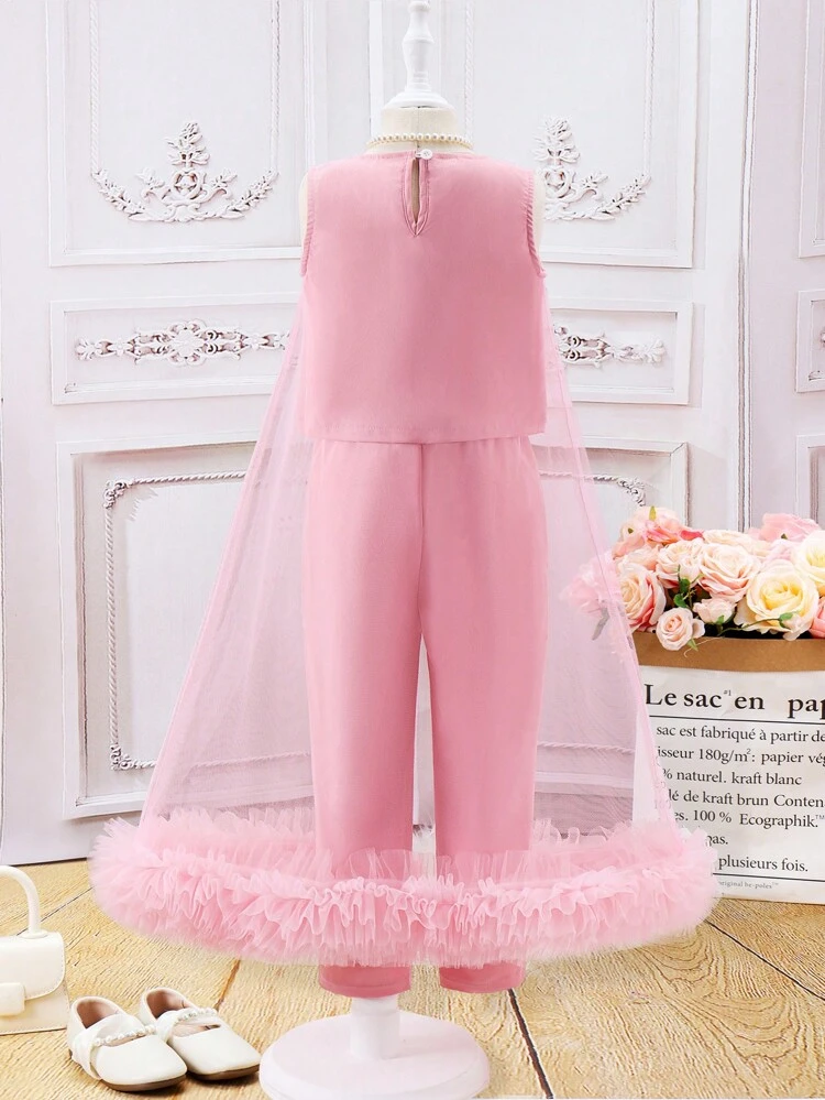 Young Girls' Cute Contrast Mesh Top And Pants Set