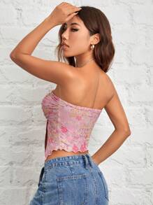 SHEIN PETITE 花卉印花打褶不對稱下擺網紗粉色筒形上衣，夏季上衣